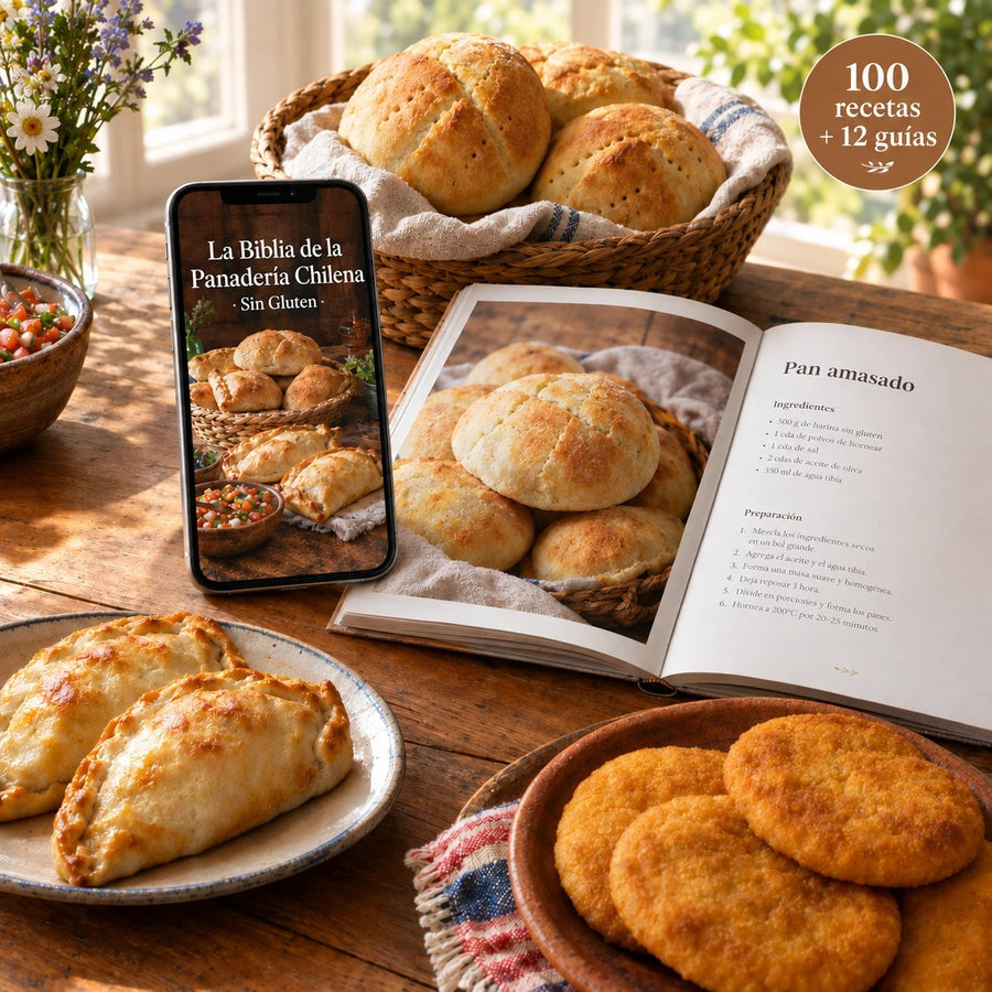 Recetario La Biblia de la Panadería Chilena sin gluten en el celular y en papel, con pan amasado, empanadas y sopaipillas